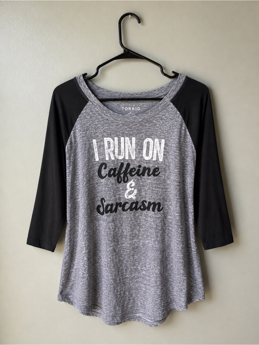 Torrid “I Run on Caffeine & Sarcasm” Raglan Tee Size 2